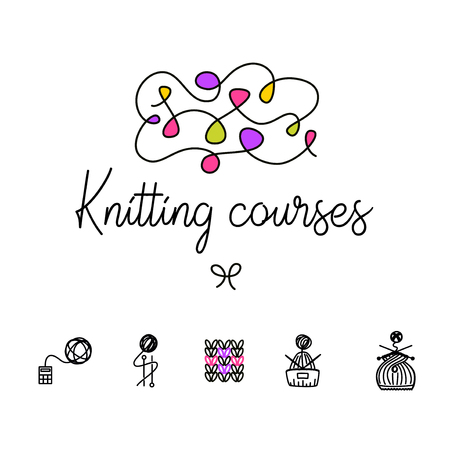 Knit workshop, creative course, master class vector template, badge, sign, label. All for knitting. Freehand drawn line concept knitting accessories, winter hat and wool clew on white background.のイラスト素材