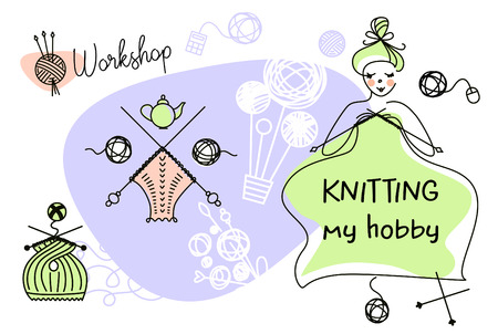 Workshop, course, master class vector template poster, banner, flyer. I love to knit together. Line set of knitting and craft. Knit and Crochet. Element corporate identity for home family business.のイラスト素材