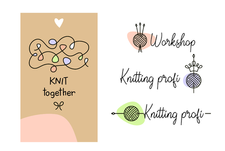 Workshop, course, master class vector template poster, banner, flyer. I love to knit together. Line set of knitting and craft. Knit and Crochet. Element corporate identity for home family business.のイラスト素材