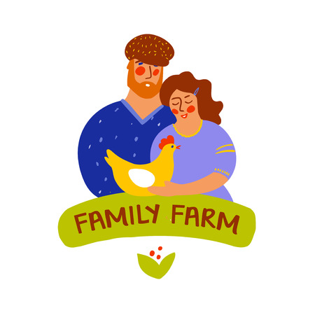 Family farm logo. Front portrait view people with chicken in hands.のイラスト素材