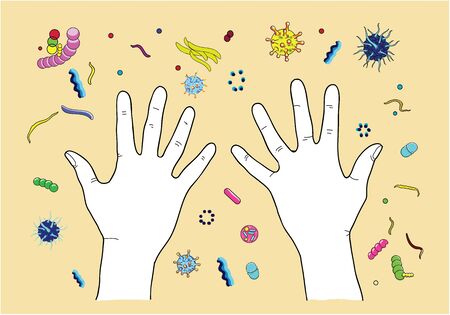 Clean hands on a background of viruses and bacteria.のイラスト素材