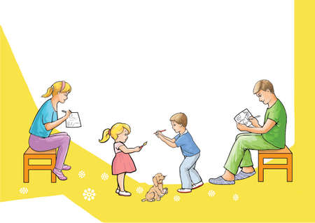 Cover design template for coloring book. The family is drawing.のイラスト素材