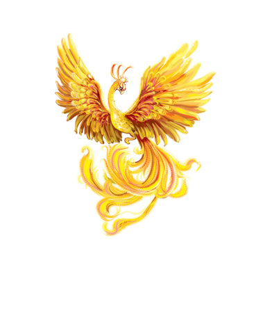 Burning fiery bird isolated on white background.  cartoon close-up phoenix illustration.の写真素材