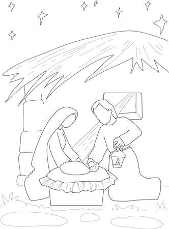 Christmas nativity. Mary, Joseph and baby Jesus .vector illustration in outline. Coloring Pagesのイラスト素材