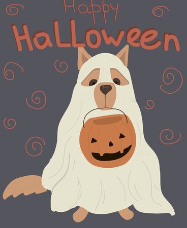 Halloween costumed dog holds pumpkin bag full candyのイラスト素材