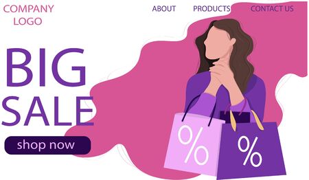 woman with sales bags. Shop online, landing, banner, web design, backgroundのイラスト素材