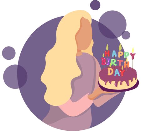 Happy girl holding a cake with candles in her hands. Birthday party. Celebration. Vector flat illustrationのイラスト素材