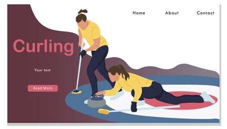Women Sports Team Playing Curling Game Website Landing Page. Girls Sweeping Ice with Special Brushes and Pushing Granite Stones to Target on Ice Web Page Banner. Cartoon Flat Vector Illustrationのイラスト素材