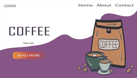 Template for coffee roasters website. Vector illustration with espresso, fresh roasted coffee beans and plant. Design for banner, landing page, web page, blog post, booklet, prints, flyer, backgroundのイラスト素材