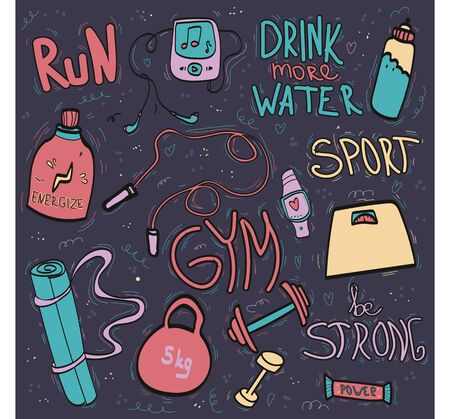 Sport activities tools, symbols in doodle style Fitness vector concept.のイラスト素材