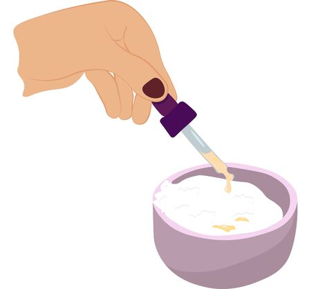 female hand adds essential oil to the mask Woman is preparing , Ecological Herbs and Plants Ingredients for Alternative Cosmetic. Vector Flat Style Illustrationのイラスト素材