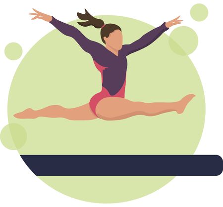 Young girl gymnast exercise sport athlete vector illustration. Training performance strength gymnastics. Championship workout acrobat beautiful character.Women Acrobatic Gymnastics, flat vectorのイラスト素材