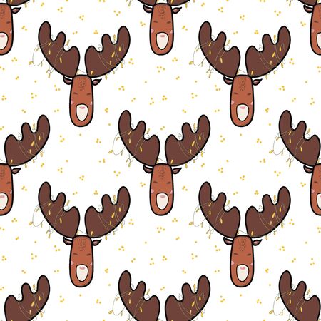 Seamless pattern, deer, hand drawn, doodle background vector. Illustration . Decorative wallpaper, wraping paper good for printing. Happy New Year, greeting card. Winter timeのイラスト素材