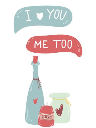 Valentine greeting card, poster. Cute hand draw elements, doodle. Perfect for valentines day, stickers, birthday, save the date invitation.のイラスト素材