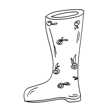 Single Rubber doodle outline gardening boots. Vector doodle clipart. Isolated on a white background. For design, cards, invitation, decoration, stickers.のイラスト素材