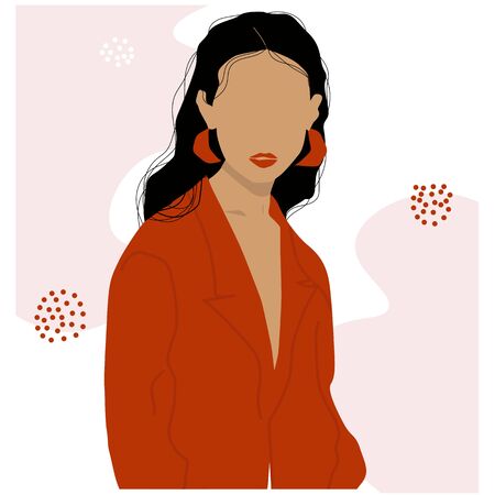 Portrait of abstract young girl in red coat, red background, vector flat illustration. Trendy art minimal poster print. Vector hand drawn illustration, face and shoulders avatar, fashionのイラスト素材