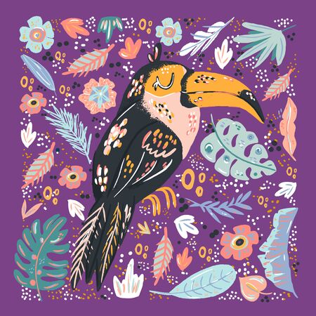 Toucan cute doodle hand drawn flat vector illustration. Wild rainforest animal vector poster floral background.Grass branches with leaves, flowers and spots design element. Tropical junglのイラスト素材