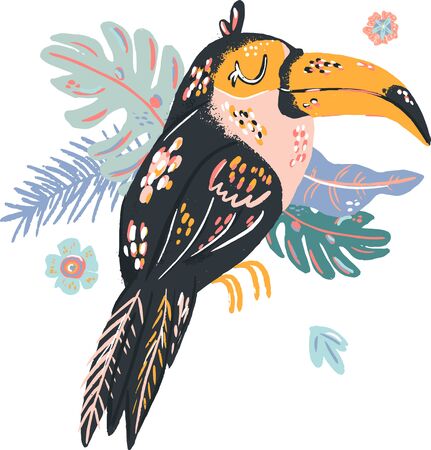 Toucan cute doodle hand drawn flat vector illustration. Wild rainforest animal vector poster floral background.Grass branches with leaves, flowers and spots design element. Tropical junglのイラスト素材