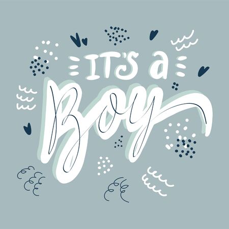 Its a boy lettering hand drawn illustration. White calligraphy on blue background. Gender reveal party vector greeting card. Cute baby postcard. Baby shower, arrival celebrationのイラスト素材