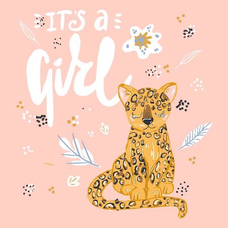 Cute leopard flat hand drawn illustration. Cheetah, jaguar character with lettering. Jungle, rainforest, savannah animal. African predator. Zoo, safari mammal. Travel postcard, kids book clipart.のイラスト素材