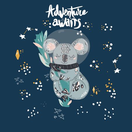 Koala cute doodle hand drawn flat vector illustration. Wild rainforest animal vector poster floral background.Grass branches with leaves, flowers and spots design element. Tropical jungle.のイラスト素材