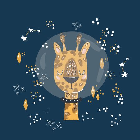 Cute giraffe flat hand drawn illustration. Giraffe character with lettering. Jungle, rainforest, savannah animal. African predator. Zoo, safari mammal. Travel postcard, kids book clipartのイラスト素材