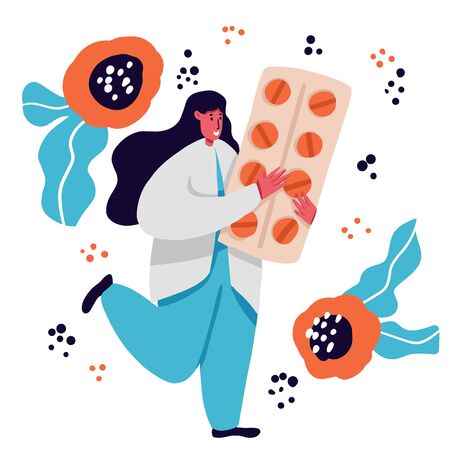 Female Doctor Character Carry Huge Medicine Pill for Treating Gastroenterology Disease, Illness Prevention, Treatment Pandemic Spreading, Antibiotic or Painkiller Concept. Cartoon Vector Illustrationのイラスト素材
