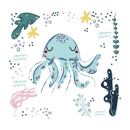 Jelyfish cute doodle hand drawn flat vector illustration. Wild sea marine animal vector, poster floral background. Grass branches with leaves, flowers and spots design element. Sea, ocean, marineのイラスト素材