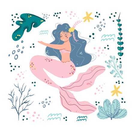 Set of cute mermaids and aquatic nature. Cute sea objects collection. Octopus, seashells, jellyfish and starfish.のイラスト素材