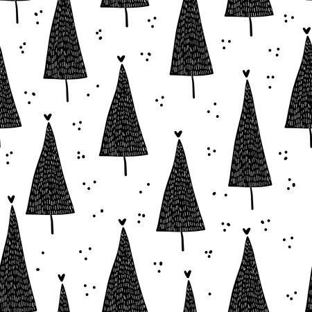 Winter graphic seamless pattern with christmas trees. Hand drawn vector illustration. Wrapping paper Christmas.のイラスト素材