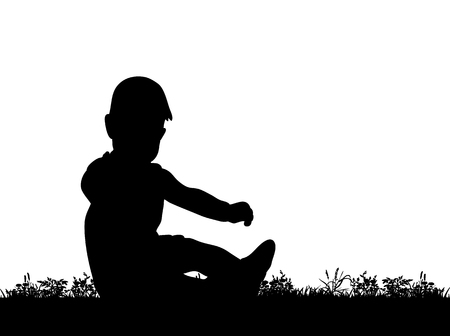 Vector, silhouette of a child sitting on the grass, isolatedのイラスト素材