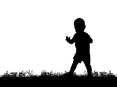 Vector, silhouette of a baby walking on grass, isolatedのイラスト素材