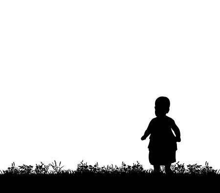 Vector, silhouette of a child walking on grassのイラスト素材