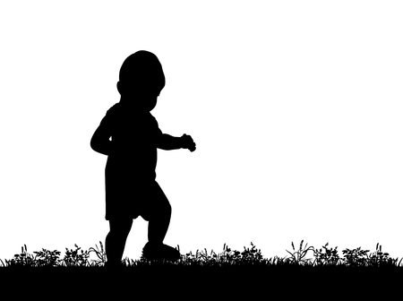 Vector, silhouette of a baby walking on grassのイラスト素材