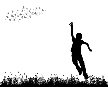 isolated, silhouette of a child jumping on the grass, childhoodのイラスト素材