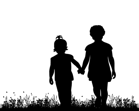 isolated, silhouette of children playing in natureのイラスト素材