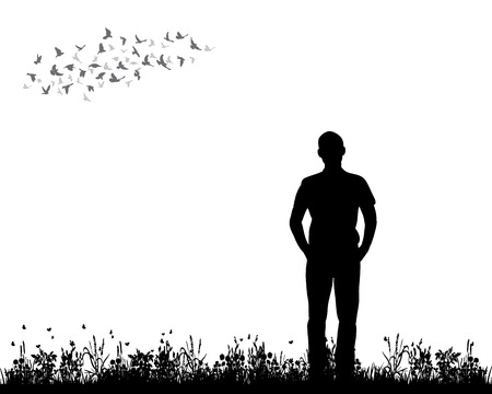Vector, isolated, silhouette man standing on the grassのイラスト素材