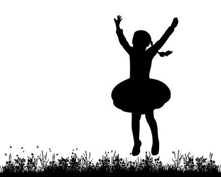 Vector, isolated, silhouette of a child jumping on the grassのイラスト素材