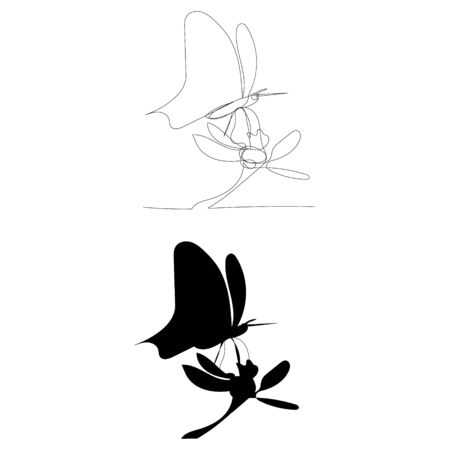 vector, on a white background, a continuous line drawing of a flower with a butterflyのイラスト素材