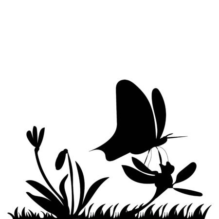 black silhouette of grass, plants and flowersのイラスト素材