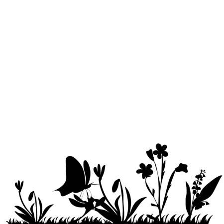 black silhouette of grass, plants and flowersのイラスト素材