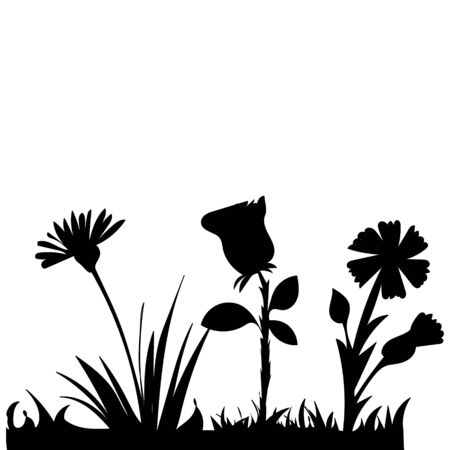 white background, black silhouette of grass and plants, flowersのイラスト素材