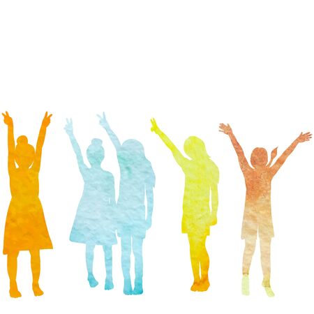  watercolor silhouette multicolored children rejoiceのイラスト素材