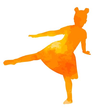 a white background, orange watercolor silhouette girl dancingのイラスト素材