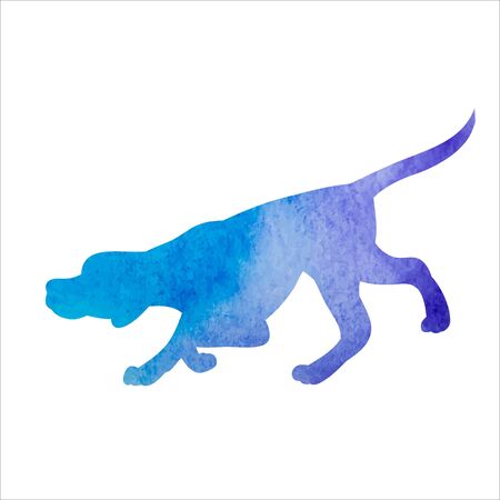 vector, on a white background, blue watercolor silhouette of a dog jumpingのイラスト素材