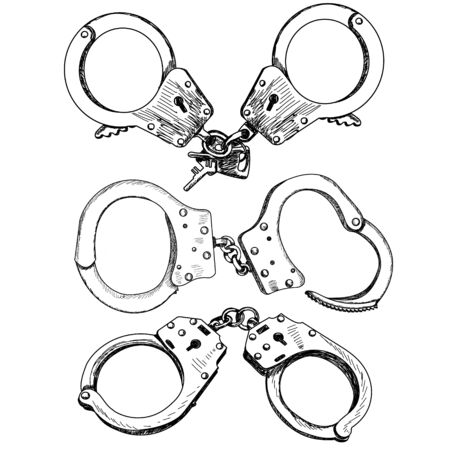 vector, on white background, sketch, lines handcuffs, setのイラスト素材