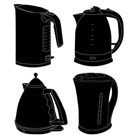 vector, on white background, sketch, black silhouette electric kettle, setのイラスト素材
