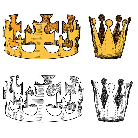 white background, set, collection golden crown with sketchのイラスト素材