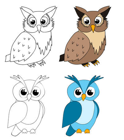 vector, isolated, cute owl character, cartoon, coloring bookのイラスト素材