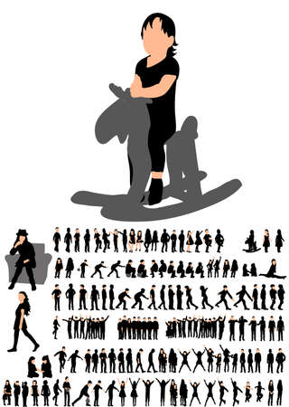 silhouette of children play, jump, collectionのイラスト素材